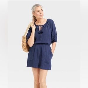 Knox Rose Gauze Dark Blue Puff Sleeve Summer Romper